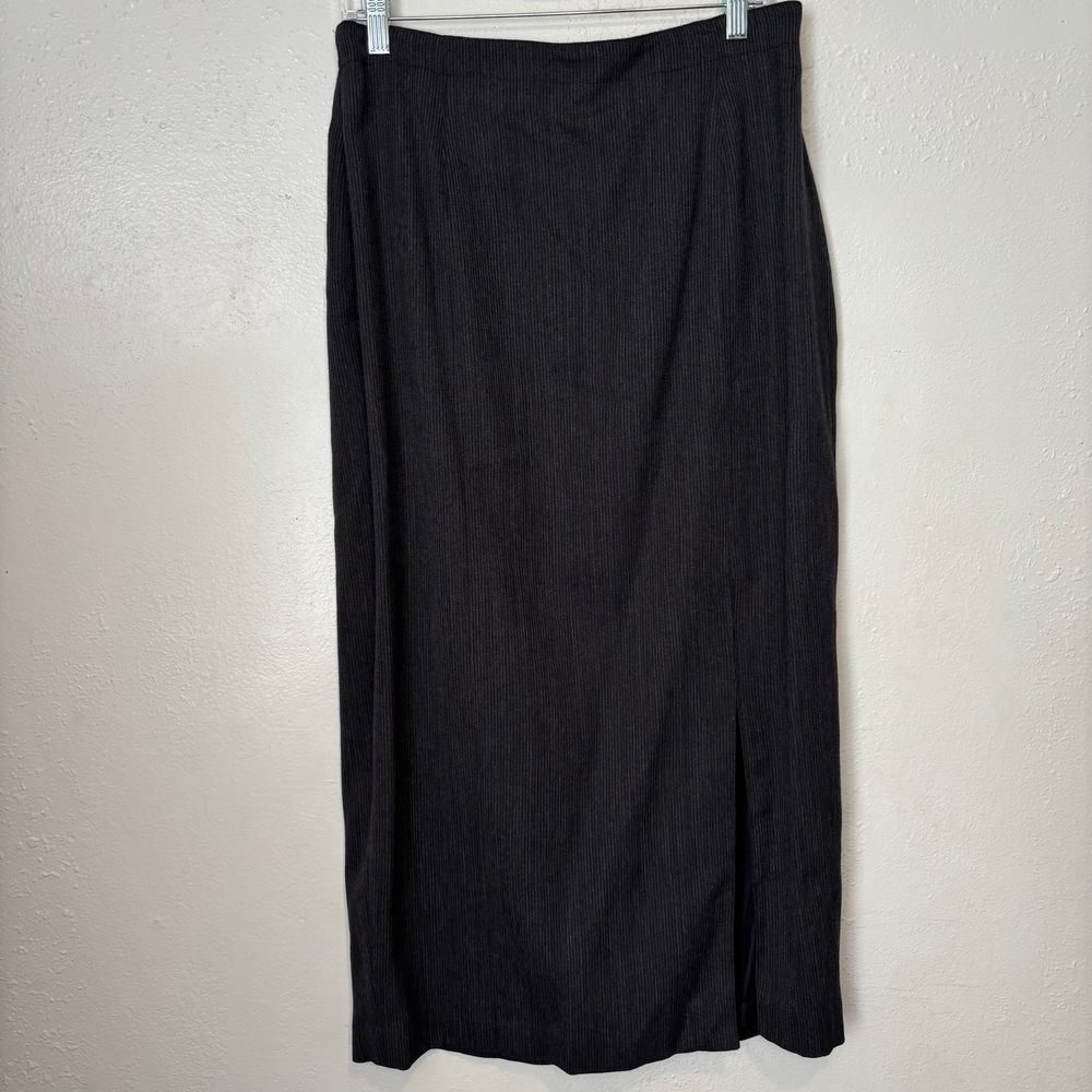 Vintage Valerie‎ Stevens Pure Wool Charcoal Gray Pinstripe Maxi Skirt Slit Sz 14